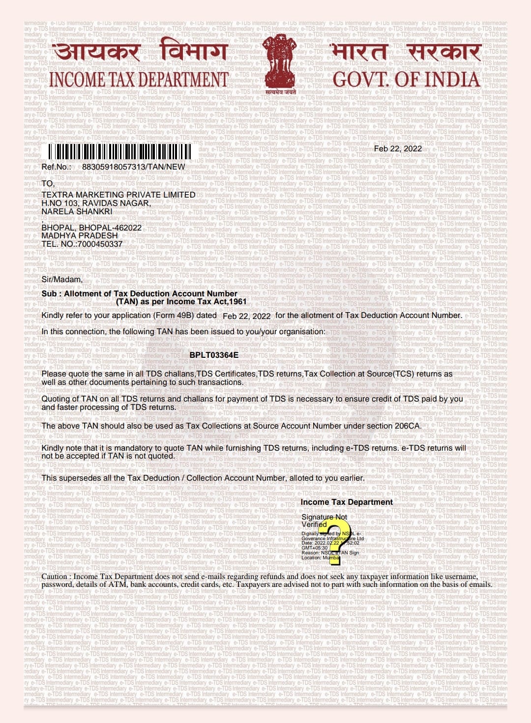 TAN Certificate